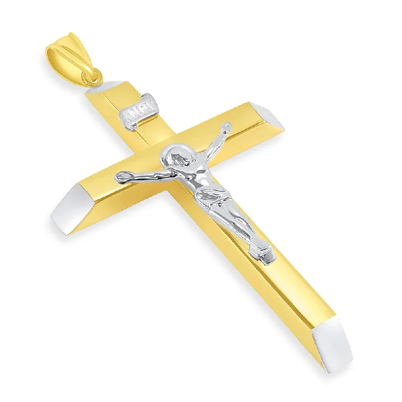 14k Two-Tone Gold 4mm Thick INRI Tubular Large Crucifix Slanted-Edge Cross Pendant