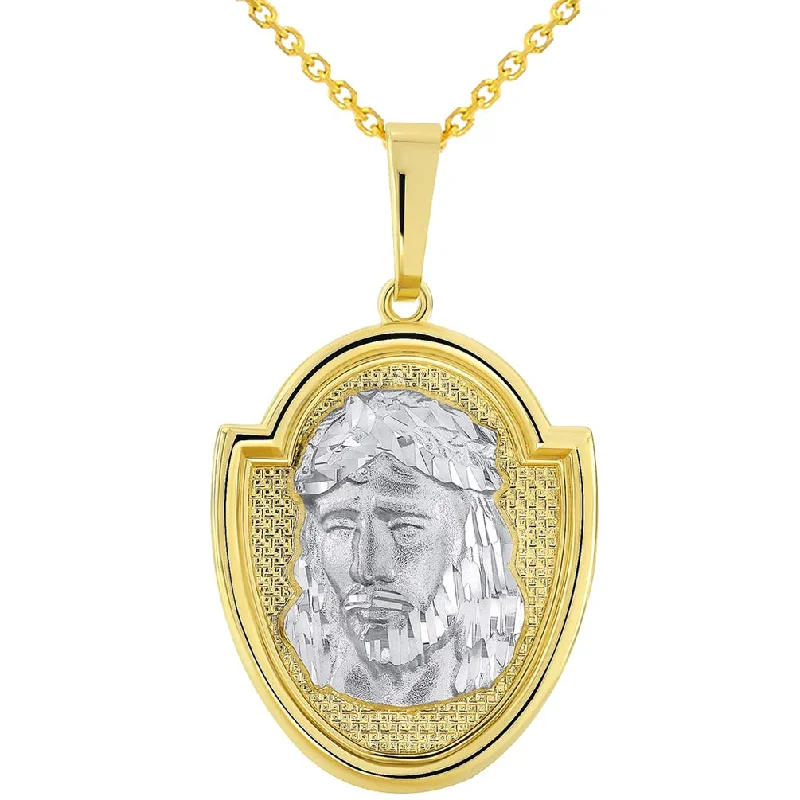 14k Two-Tone Gold Jesus Christ Medallion Scripted God Bless Us Pendant Necklace