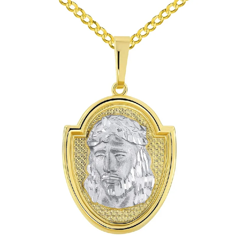 14k Two-Tone Gold Jesus Christ Medallion Scripted God Bless Us Pendant with Curb Chain Necklace