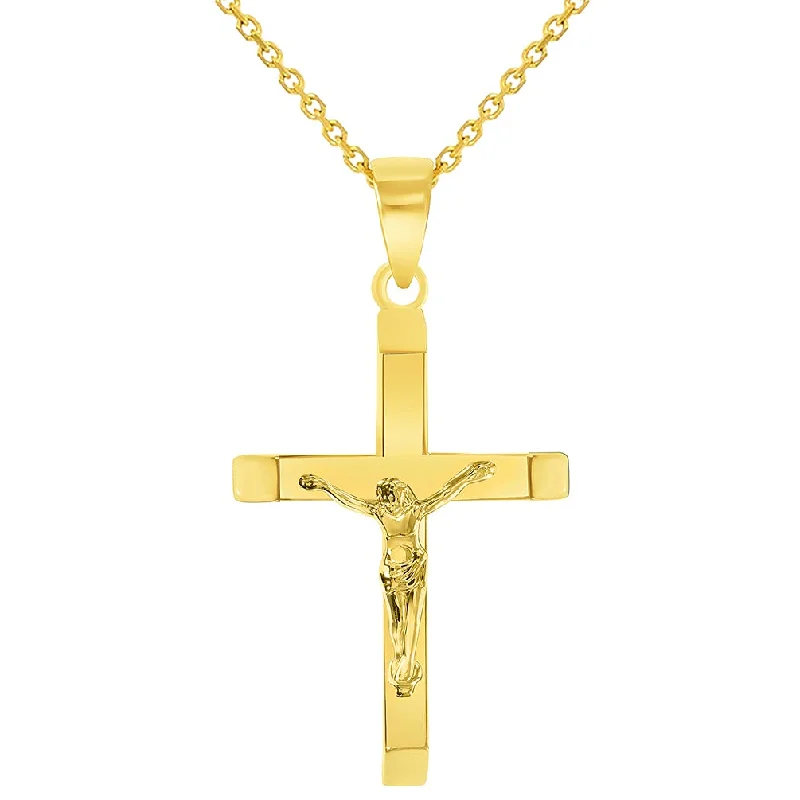 14k Yellow Gold 3D Catholic Christian Crucifix Slanted-Edge Cross Pendant Necklace