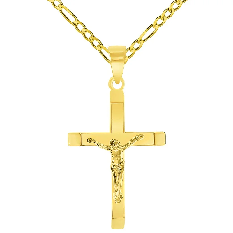 14k Yellow Gold 3D Catholic Christian Crucifix Slanted-Edge Cross Pendant with Figaro Chain Necklace