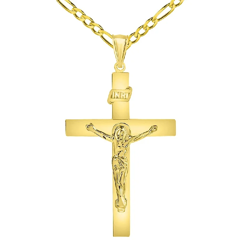 14k Yellow Gold 4mm Thick INRI Tubular Cross Roman Catholic Crucifix Pendant with Figaro Chain Necklace