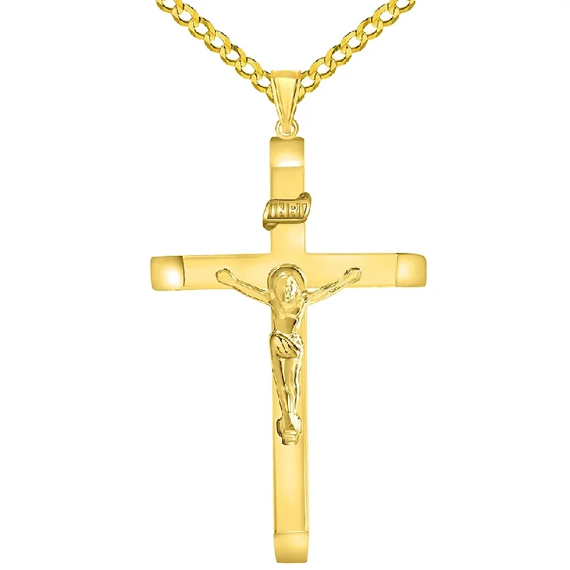 14k Yellow Gold 4mm Thick INRI Tubular Large Crucifix Slanted-Edge Cross Pendant with Curb Chain Necklace