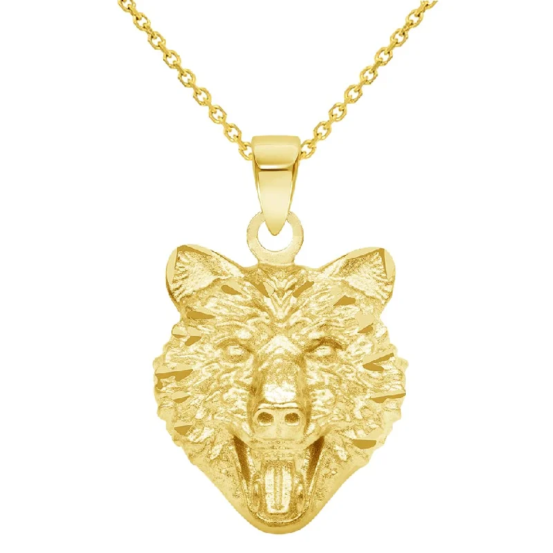 14k Yellow Gold Mini Wolf Head Charm Animal Pendant Necklace