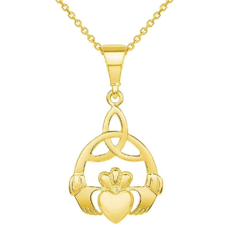 14k Yellow Gold Trinity Celtic Knot Irish Claddagh Hands Holding Heart Pendant Necklace