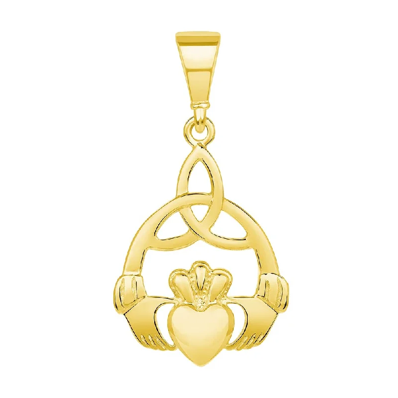 14k Yellow Gold Trinity Celtic Knot Irish Claddagh Hands Holding Heart Pendant