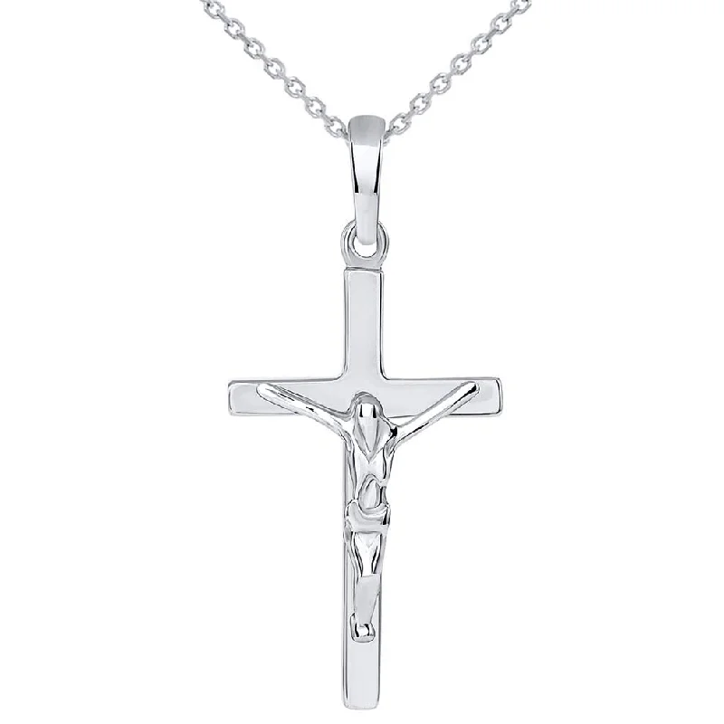 Solid 14K White Gold Simple Cross Jesus Crucifix Charm Pendant Necklace