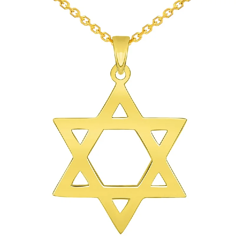 Solid 14k Yellow Gold 0.9mm Thick Star Of David Pendant with Cable, Curb, or Figaro Chain Necklaces