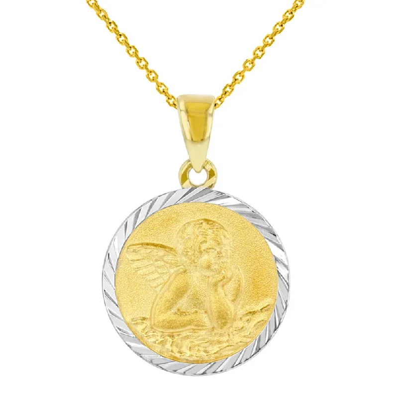 Solid 14k Yellow Gold Round Baptism Charm Guardian Angel Medallion Pendant Necklace