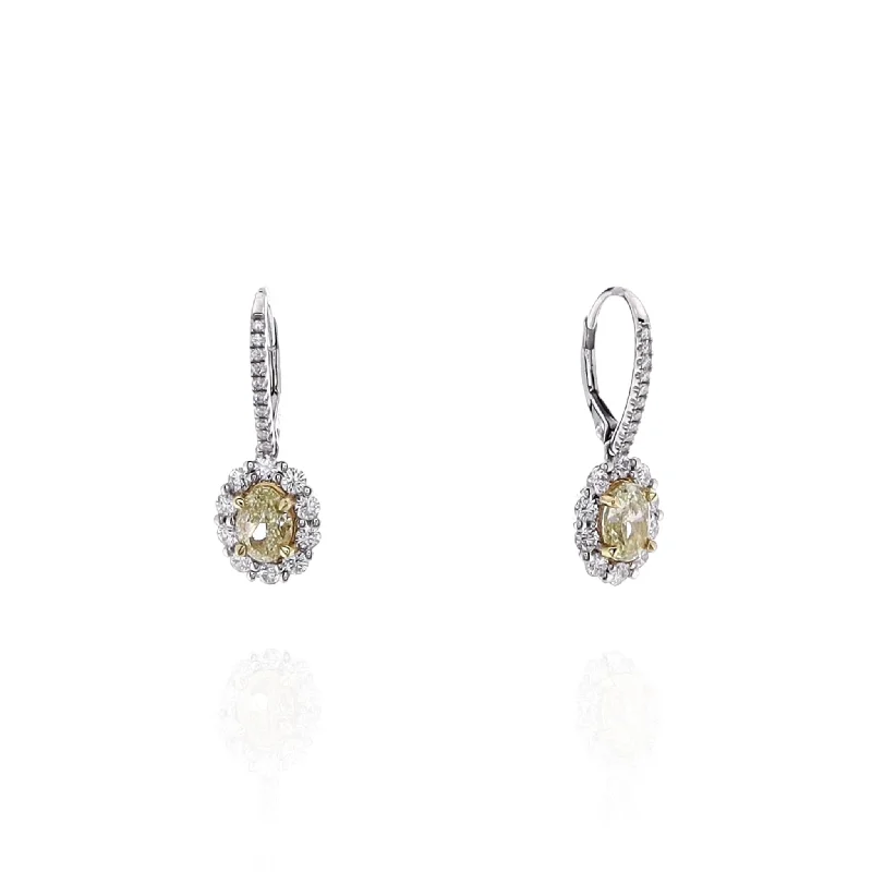 18k White Gold Yellow and White Diamond Halo Drop Earrings