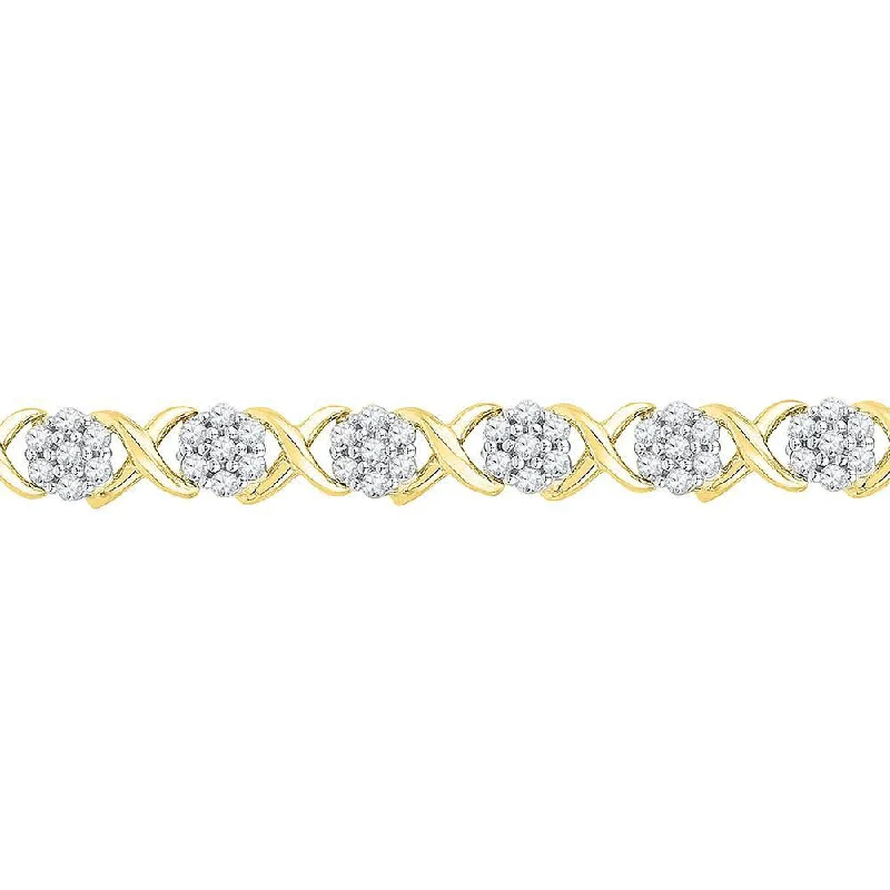 10kt Yellow Gold Womens Round Diamond Flower Cluster Fashion Bracelet 1/4 Cttw