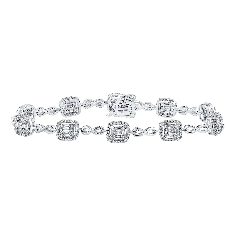 14kt White Gold Womens Baguette Diamond Square Link Bracelet 1-3/4 Cttw