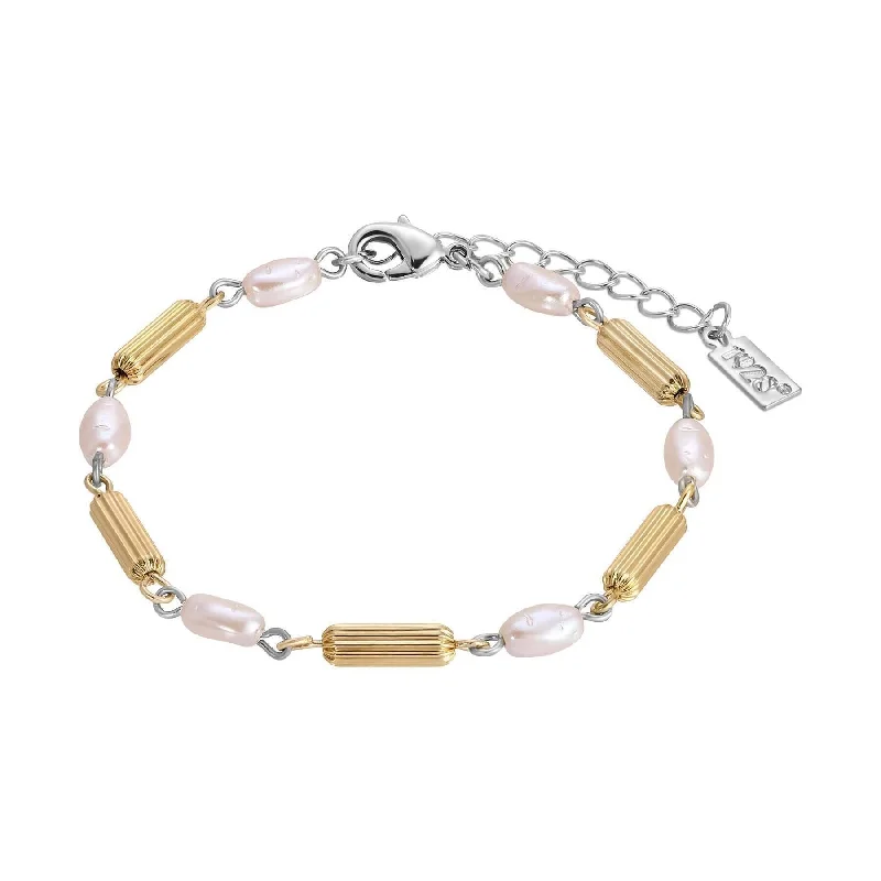 1928 Jewelry Faux Pearl Rice Bead & Cylindrical Gold Tone Bead Link Bracelet 7" + 1.5" Extension