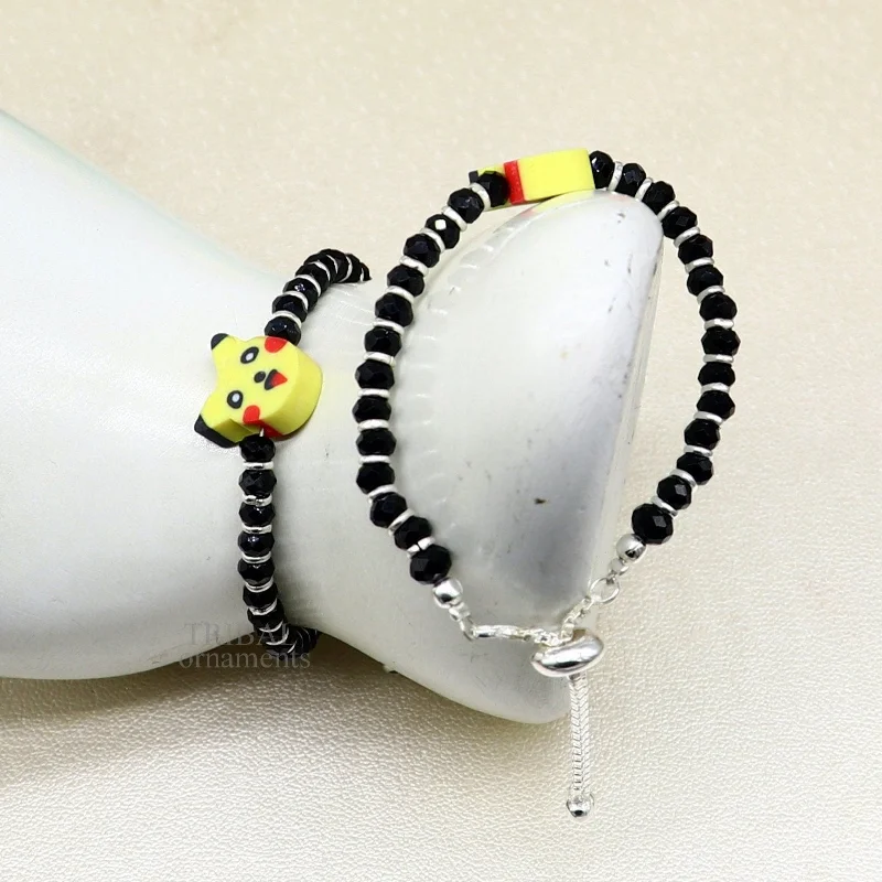 Best baby gift black beaded bangle bracelet or ankle bracelet 925 sterling silver handmade customized kids jewelry form india bbr48