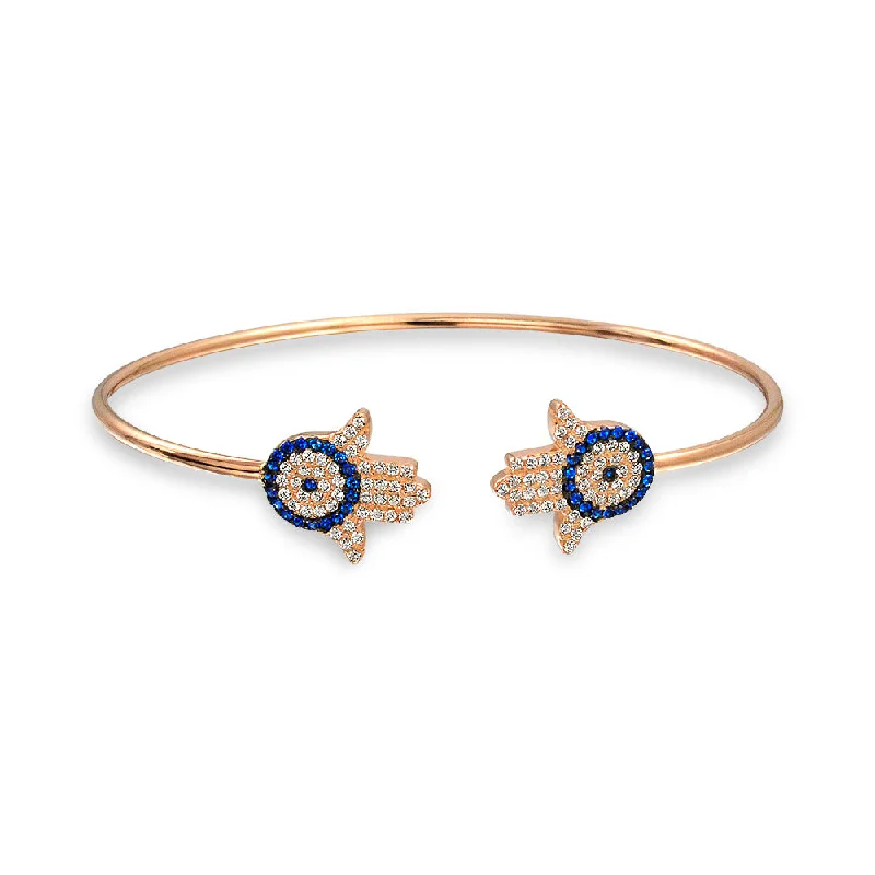 CZ Pave Hamsa Hand Evil Eye Bangle Bracelet, Rose Gold Plated Sterling Silver