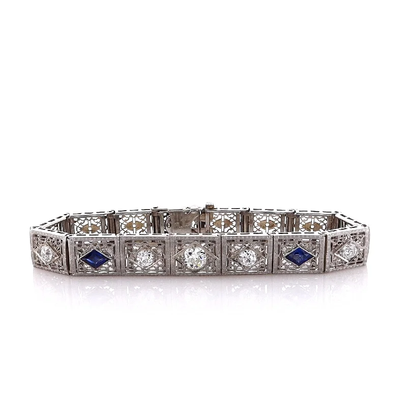 Estate 14 Karat White Gold Diamond and Synthetic Sapphire Bracelet