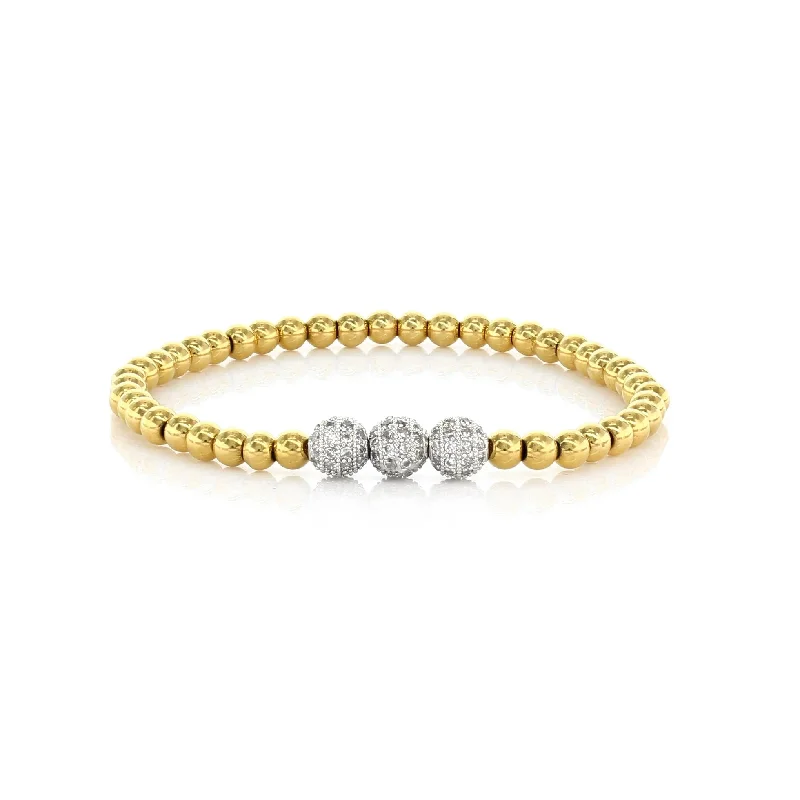 Gold Stretch Beaded Bracelet with Triple Silver CZ Pave Spheres