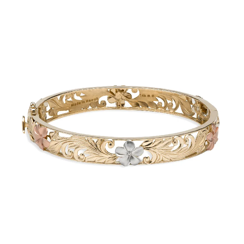 Hawaiian Heirloom Plumeria Hinge Bracelet in Tri Color Gold - 10mm