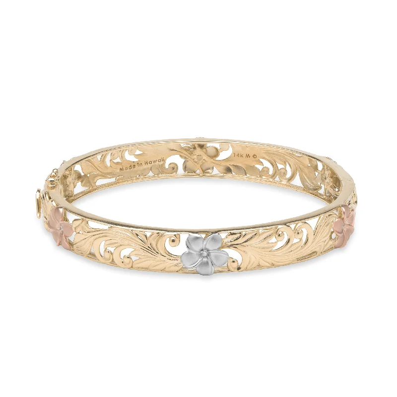 Hawaiian Heirloom Plumeria Hinge Bracelet in Tri Color Gold with Diamonds - 10mm