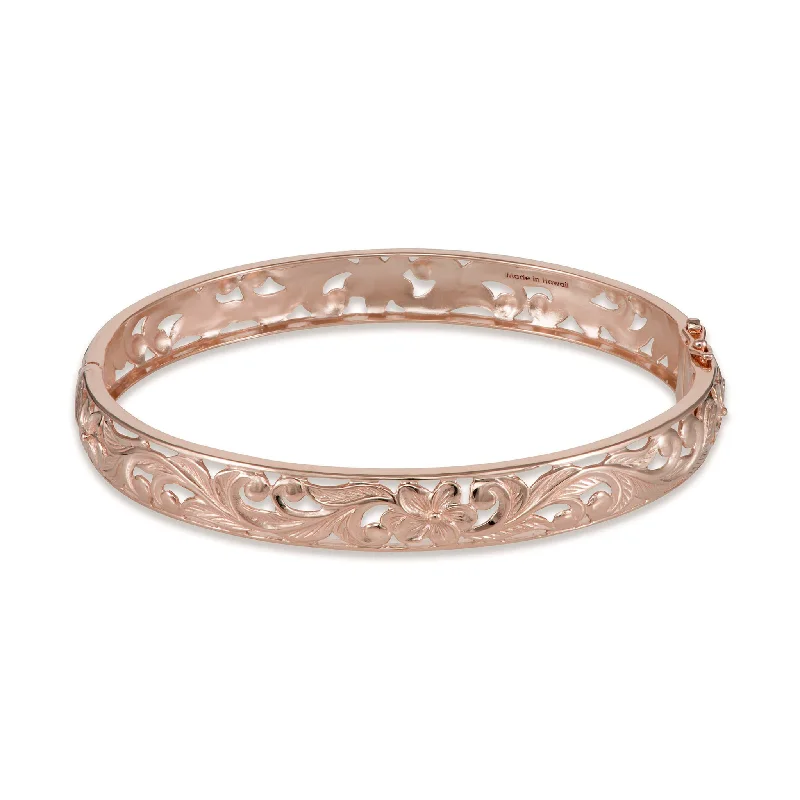 Hawaiian Heirloom Plumeria Hinge Bracelet in Rose Gold - 8mm