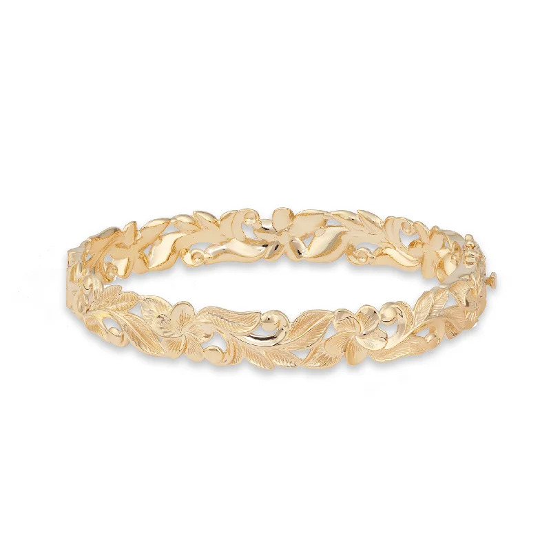 Hawaiian Heirloom Plumeria Hinge Bracelet in Gold - 10mm