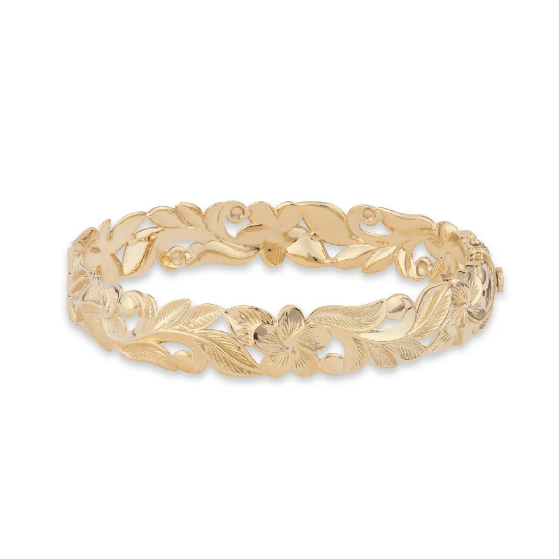 Hawaiian Heirloom Plumeria Hinge Bracelet in Gold - 12mm