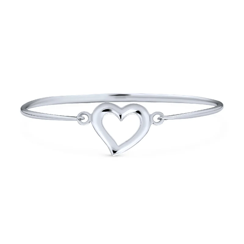 Open Heart Bangle Bracelet, Shiny Polished Hinge, Sterling Silver Stacking Piece