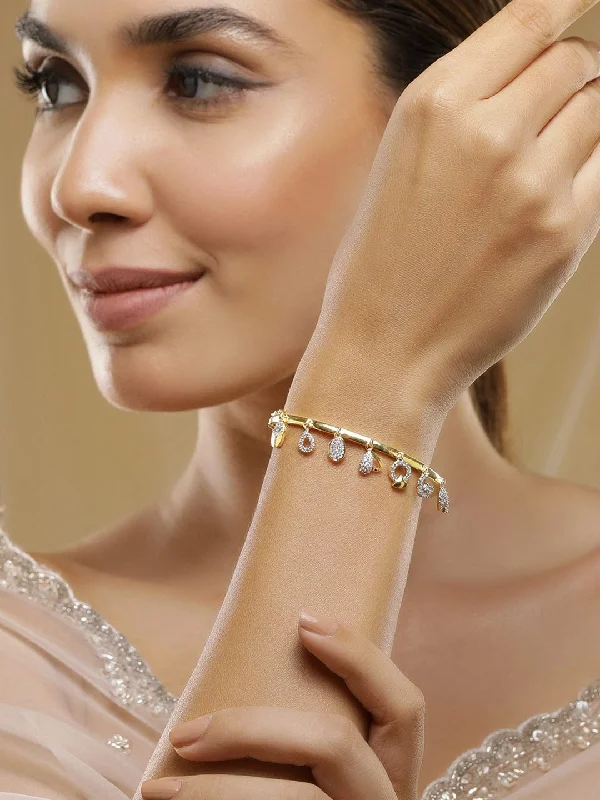 Rubans Premium 22K Gold-Plated AD & Zirconia Studded Openable Bangle Style Bracelet with Charms