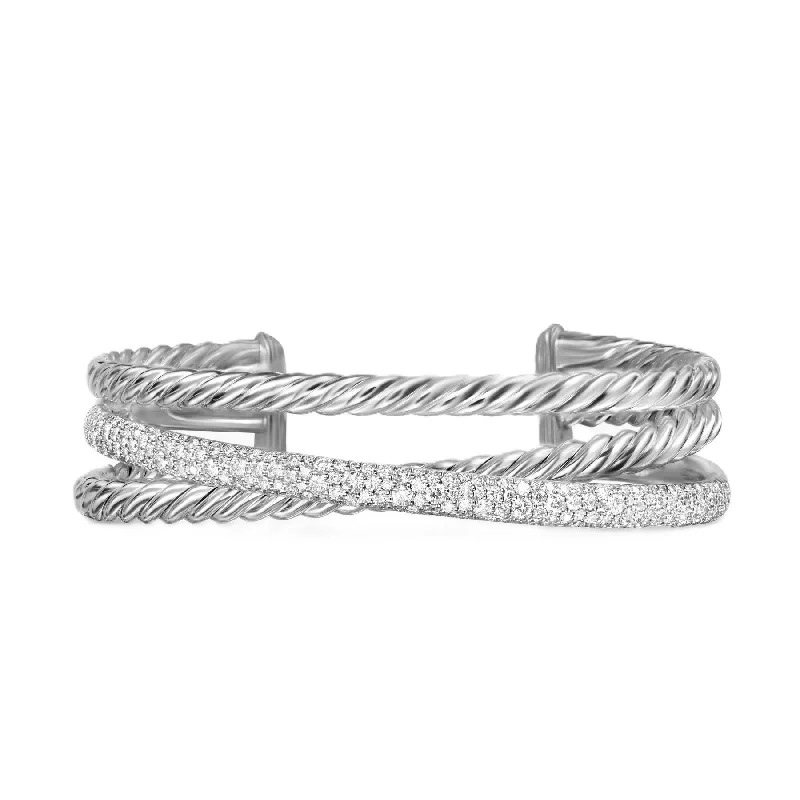 Pavé Crossover Three Row Cuff Bracelet Sterling Silver with Diamonds, 20mm