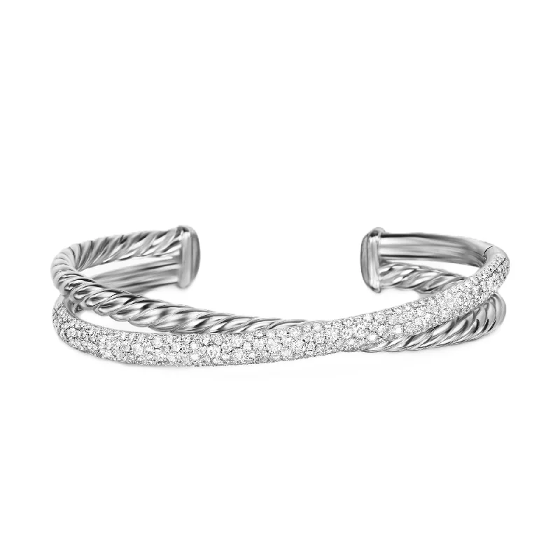 Pavé Crossover Two Row Cuff Bracelet Sterling Silver with Diamonds, 10.8mm