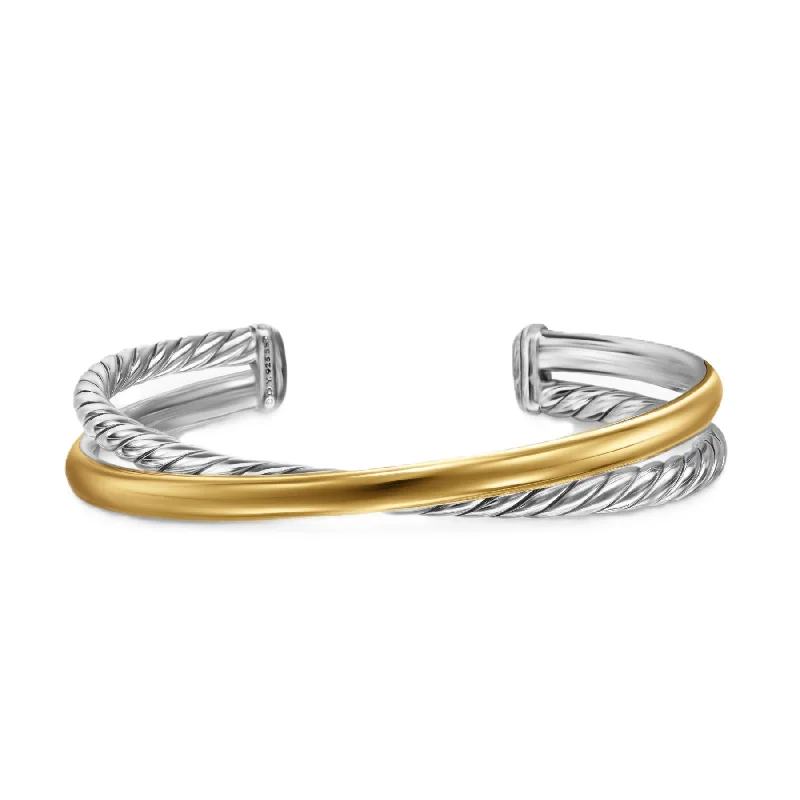 Crossover Two Row Cuff Bracelet Sterling Silver with 14K Yellow Gold, 11mm