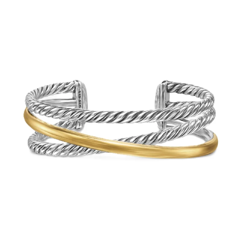 Crossover Three Row Cuff Bracelet Sterling Silver with 14K Yellow Gold, 20mm