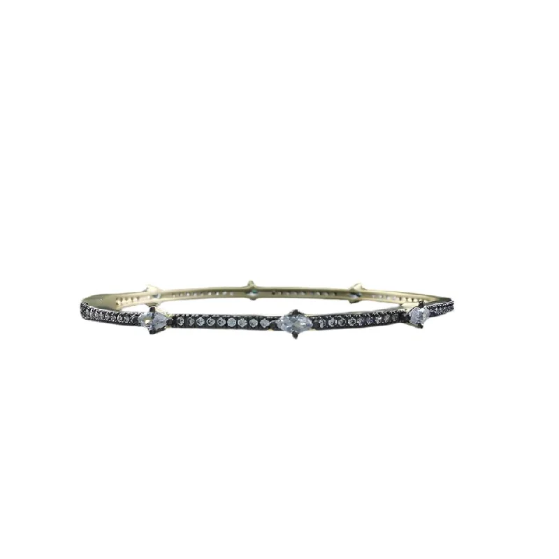 Thin Gold Bangle Bracelet with Diamond Shape CZ and Black Pave